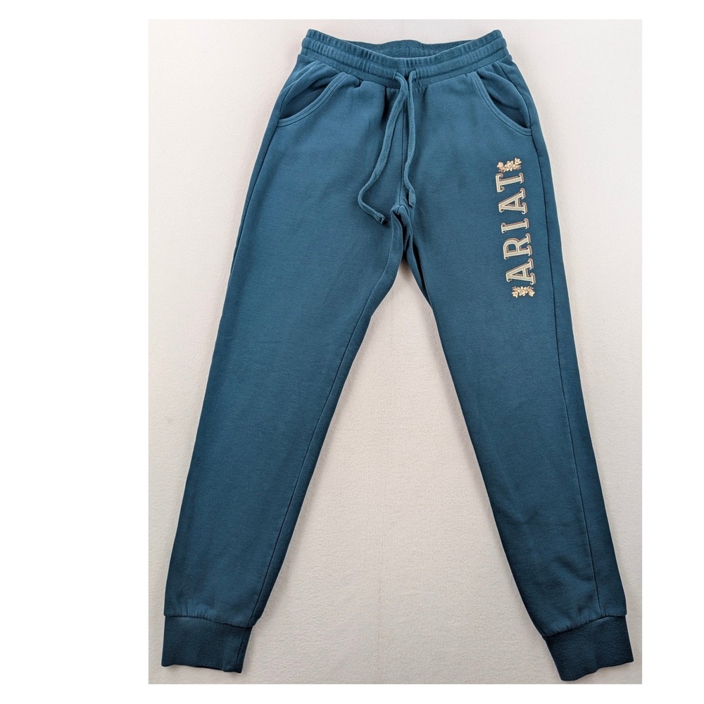 Ariat REAL Womens Small Teal Blue Logo Jogger Sweatpants Drawstring Fleece‎